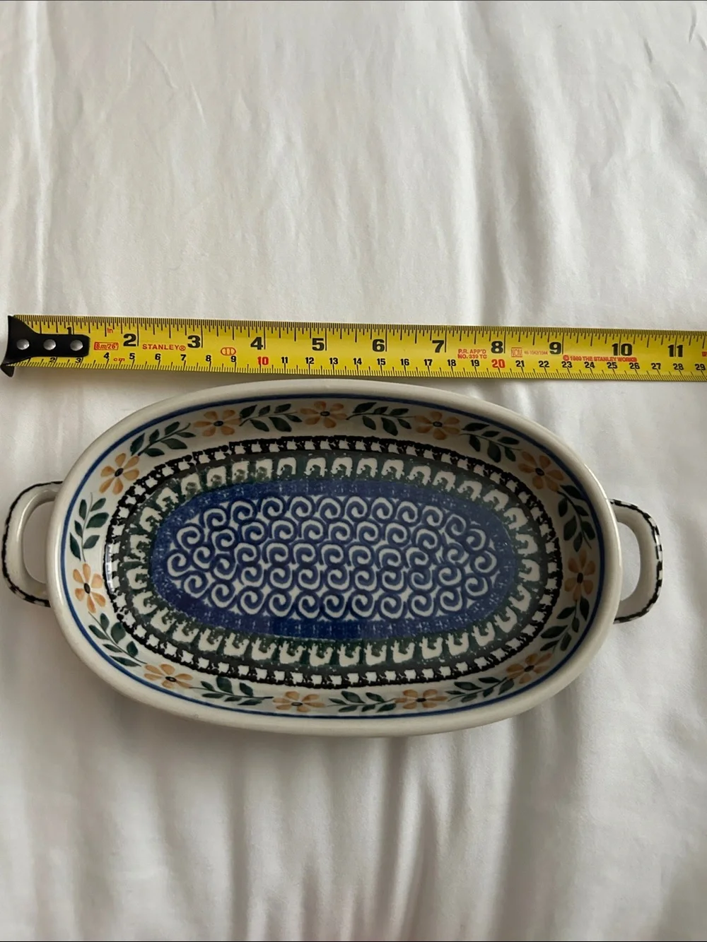 Polish Pottery Hand-Painted Oval Serving Dish in Blue and Yellow